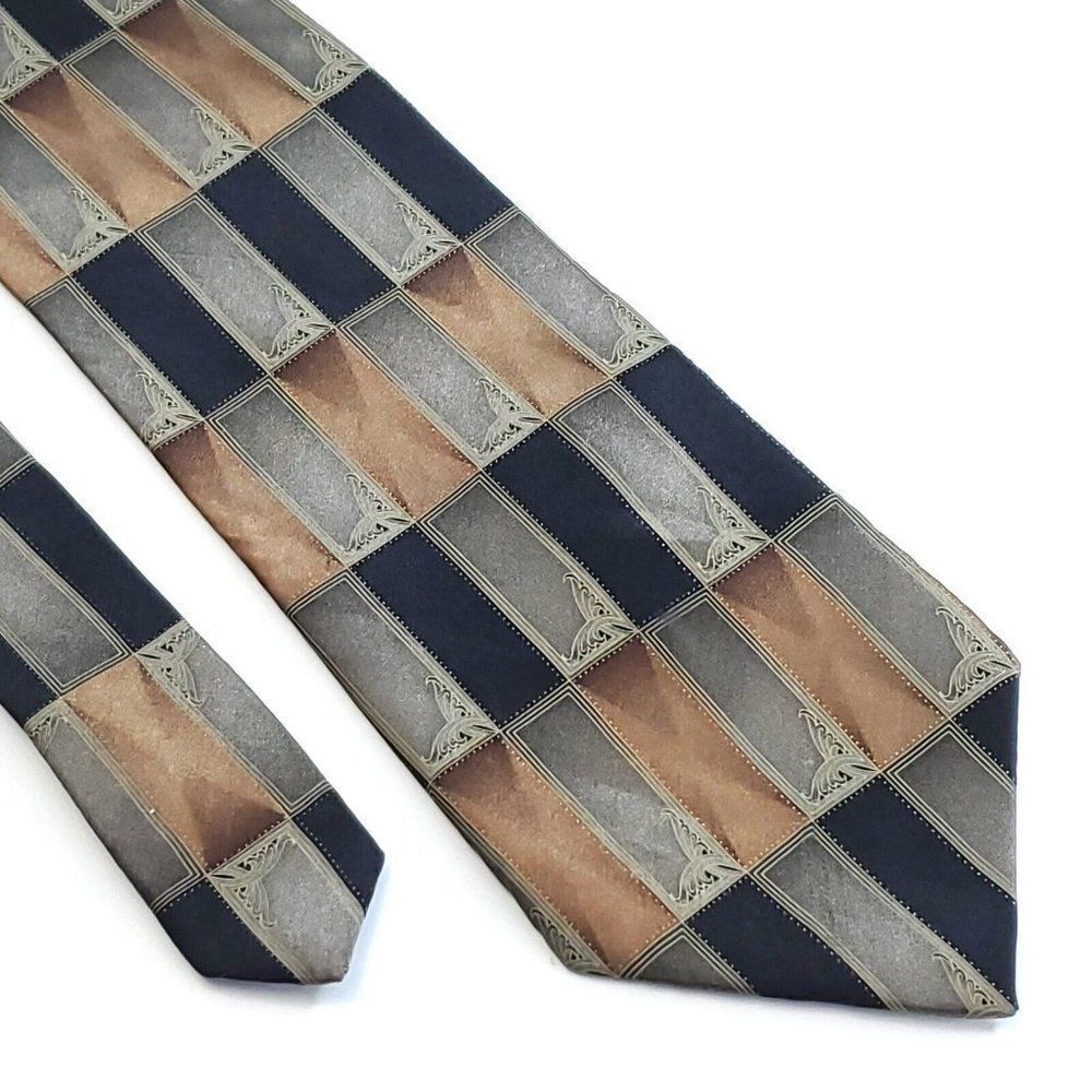 Croft & Barrow Tan Black Beige Geometric Abstract Print Silk Tie
